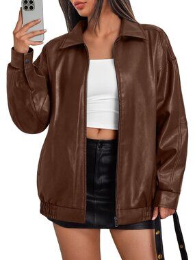Women’s Caramel Oversized Faux Leather Motorcycle Moto Biker Jacket